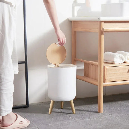 Trash Can with Lid High Foot Press Dustbin Kitchen Garbage Container Toilet Garbage Can Press Cover Wooden Grain Foot Waste Bin